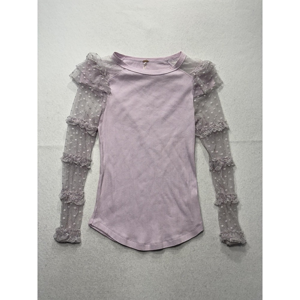 Urban Outfitters Top Womens M/L Purple Crew Neck Sheer Puff Sleeve Dot Ruffle